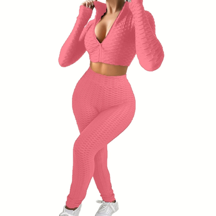 2 in 1 Spring Autumn Net Pattern Solid Color Zipper Long-sleeved Shirt + Trousers Suit for Ladies