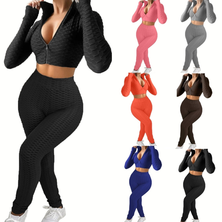 2 in 1 Spring Autumn Net Pattern Solid Color Zipper Long-sleeved Shirt + Trousers Suit for Ladies
