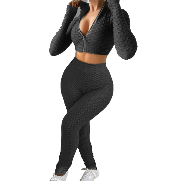 2 in 1 Spring Autumn Net Pattern Solid Color Zipper Long-sleeved Shirt + Trousers Suit for Ladies