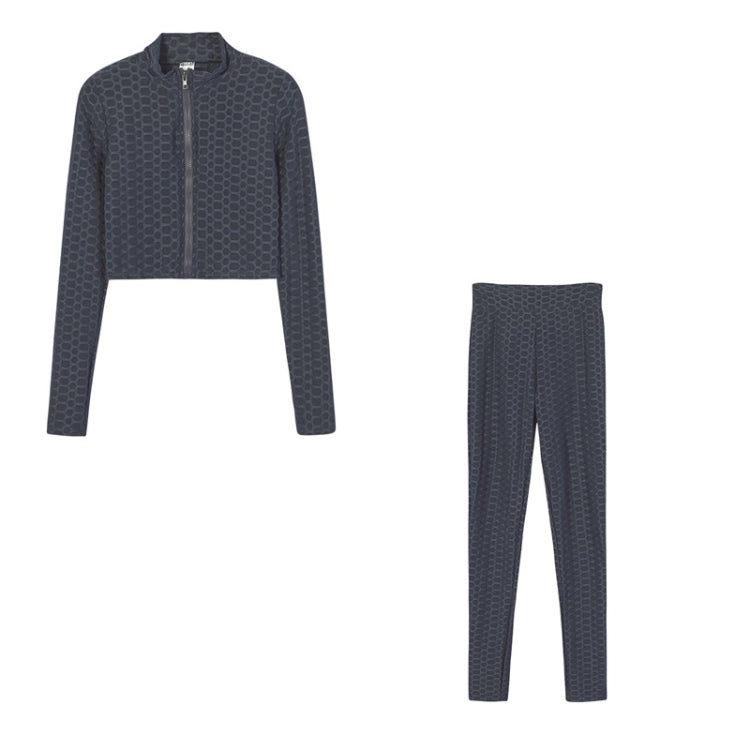 2 in 1 Spring Autumn Net Pattern Solid Color Zipper Long-sleeved Shirt + Trousers Suit for Ladies