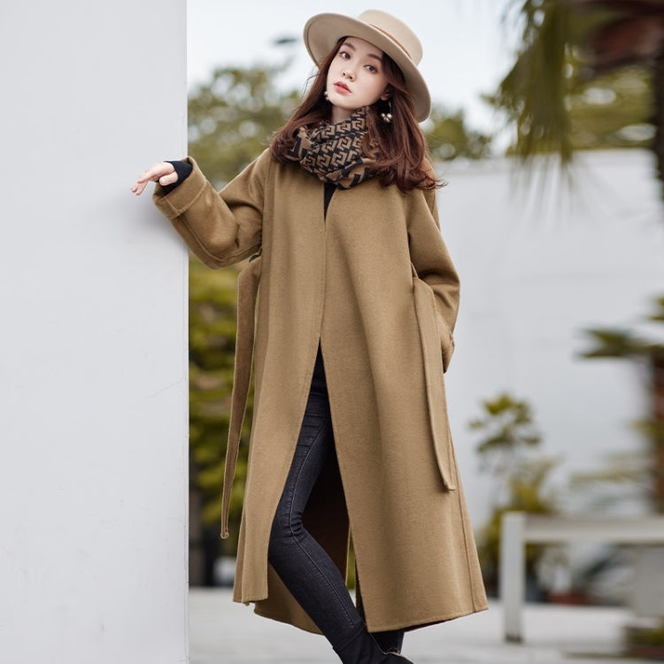 Winter Solid Color Mid-length Loose Woolen Coat With Belt for Women