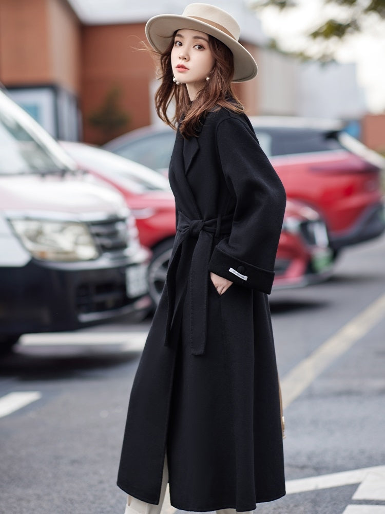 Winter Solid Color Double-sided Mid-length Loose Woolen Coat With Belt for Women