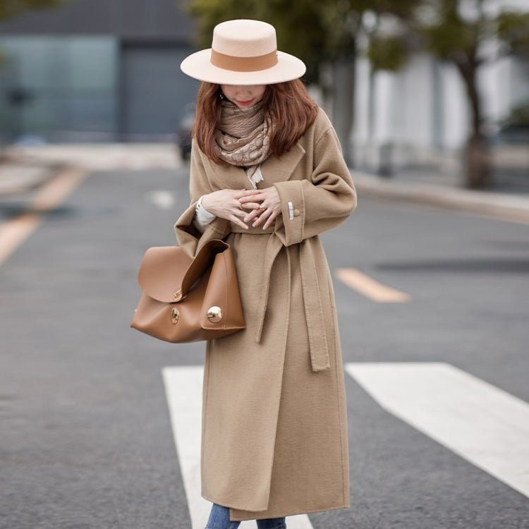 Winter Solid Color Double-sided Mid-length Loose Woolen Coat With Belt for Women