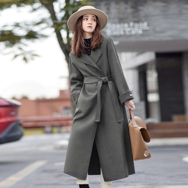 Winter Solid Color Double-sided Mid-length Loose Woolen Coat With Belt for Women