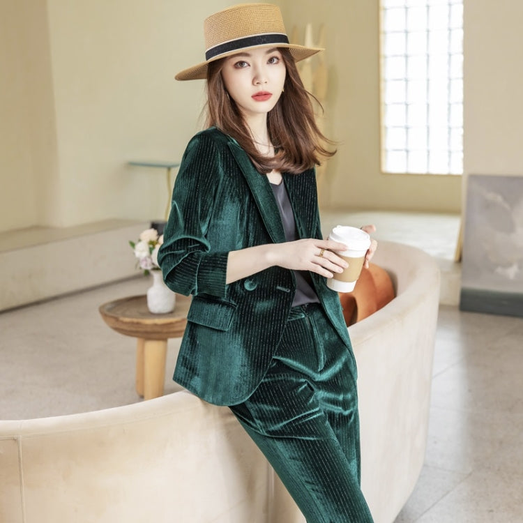 Autumn Winter Gold Velvet Fabric Suit Jacket + Trousers Suit for Ladies