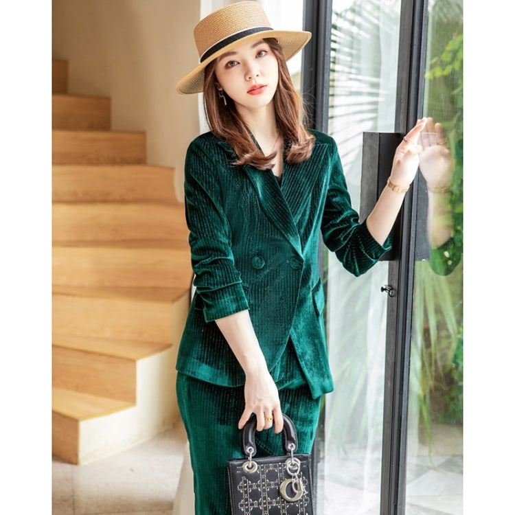 Autumn Winter Gold Velvet Fabric Suit Jacket + Trousers Suit for Ladies