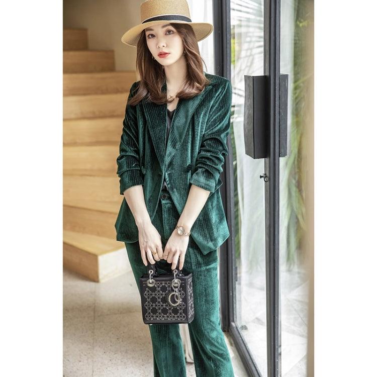 Autumn Winter Gold Velvet Fabric Suit Jacket + Trousers Suit for Ladies