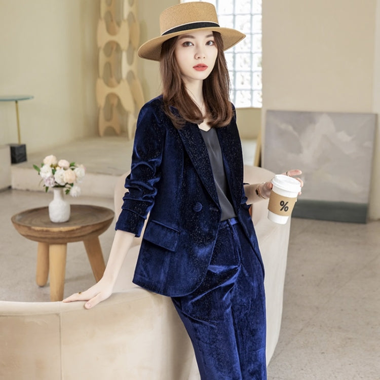 Autumn Winter Gold Velvet Fabric Suit Jacket + Trousers Suit for Ladies