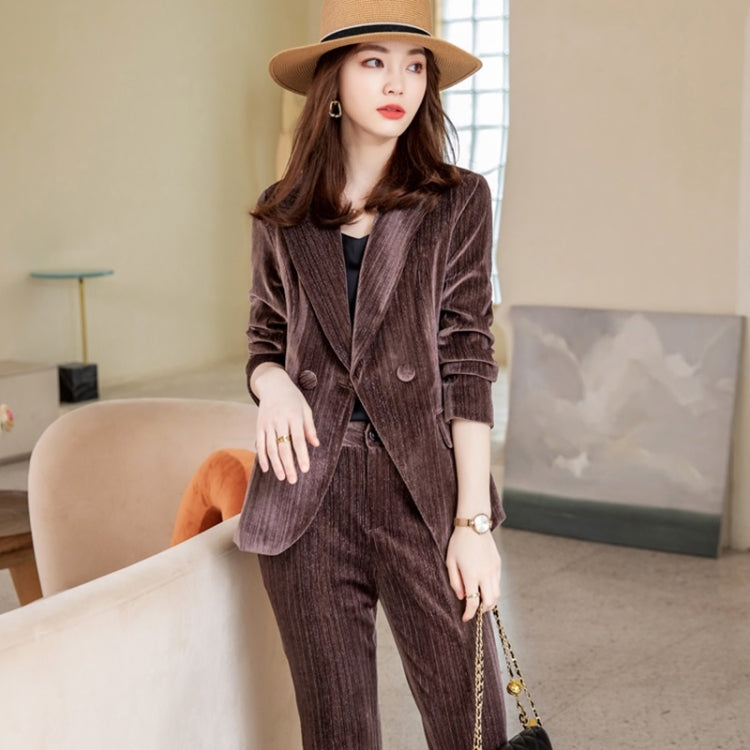 Autumn Winter Gold Velvet Fabric Suit Jacket + Trousers Suit for Ladies