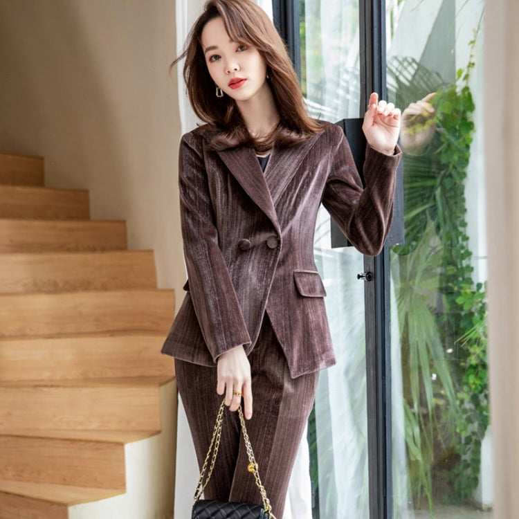 Autumn Winter Gold Velvet Fabric Suit Jacket + Trousers Suit for Ladies
