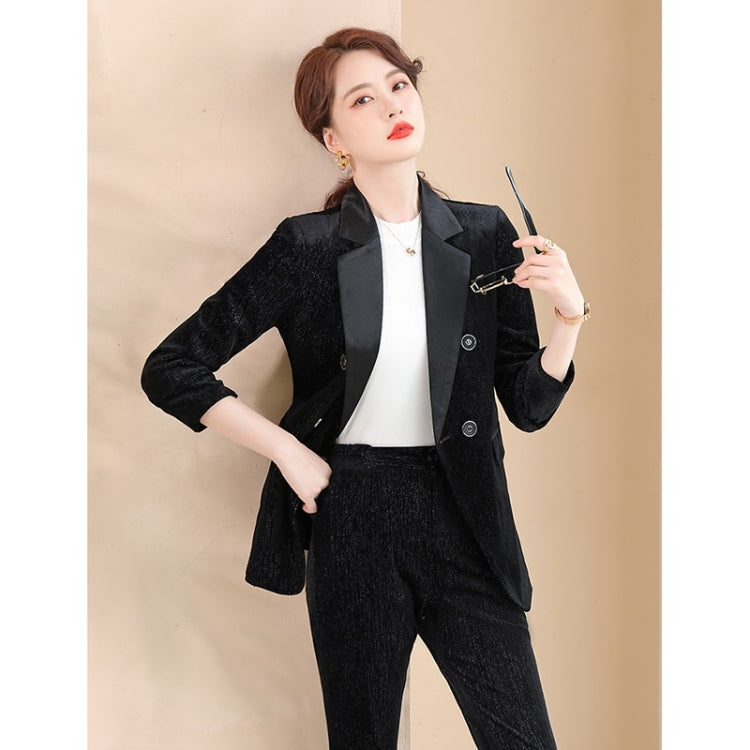 Autumn Winter Smooth Lapel Gold Velvet Fabric Suit Jacket + Trousers Suit for Ladies