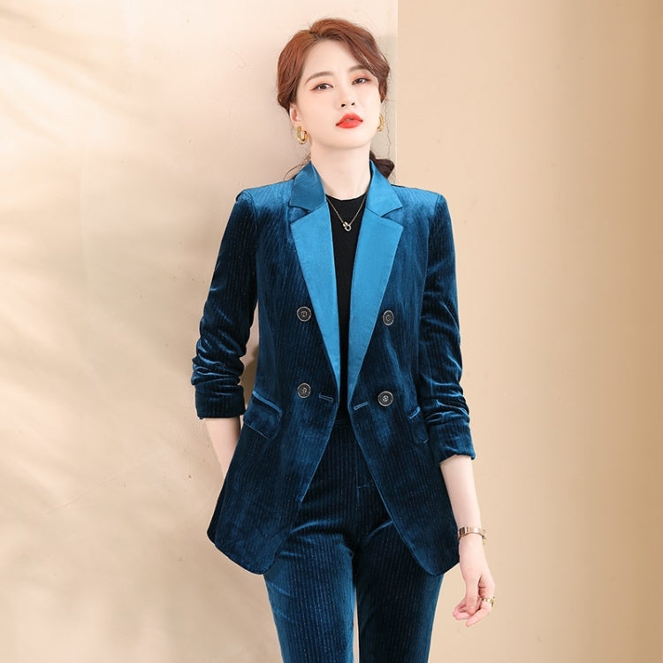 Autumn Winter Smooth Lapel Gold Velvet Fabric Suit Jacket + Trousers Suit for Ladies
