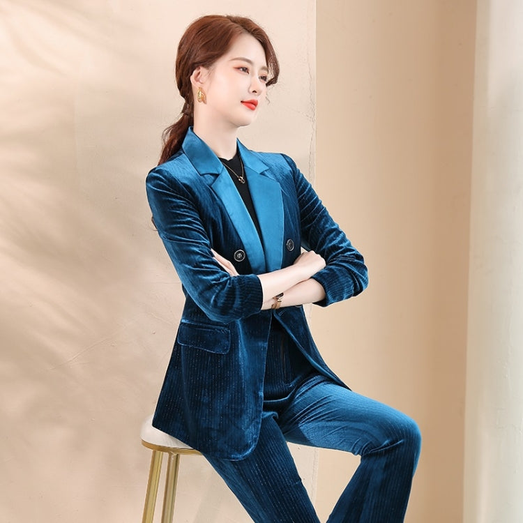 Autumn Winter Smooth Lapel Gold Velvet Fabric Suit Jacket + Trousers Suit for Ladies