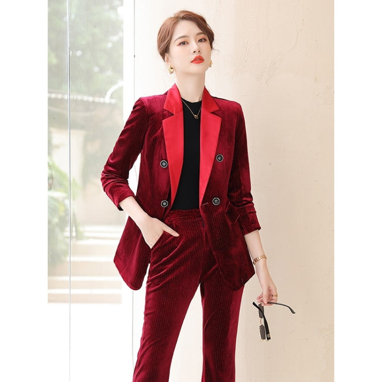 Autumn Winter Smooth Lapel Gold Velvet Fabric Suit Jacket + Trousers Suit for Ladies