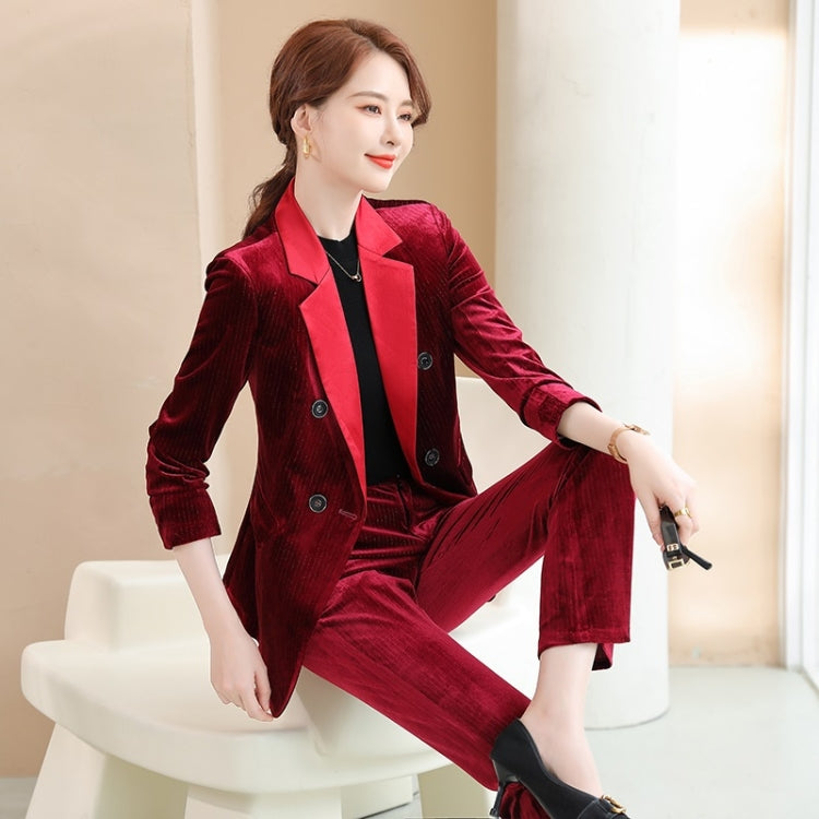 Autumn Winter Smooth Lapel Gold Velvet Fabric Suit Jacket + Trousers Suit for Ladies