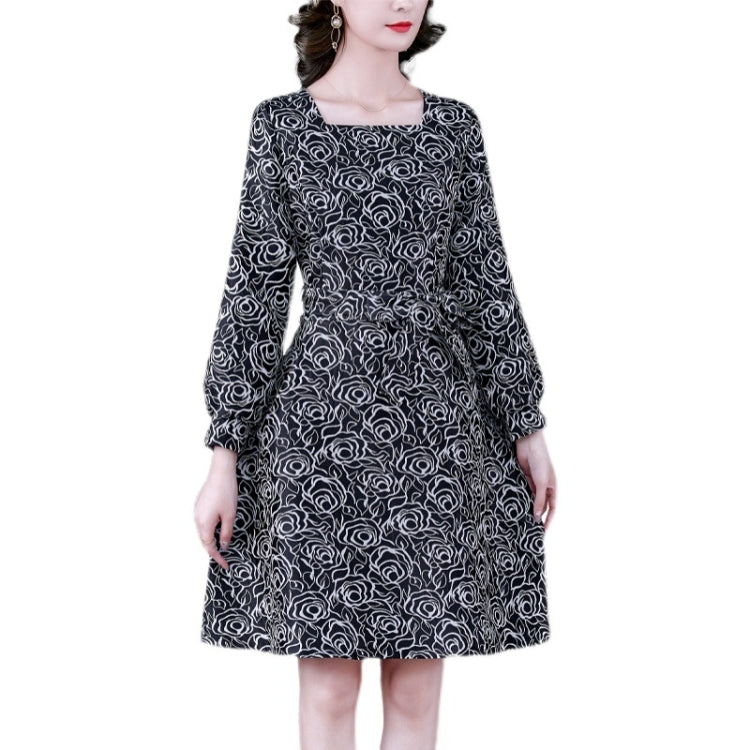 Retro Jacquard Puff Sleeve Mid-length Dress