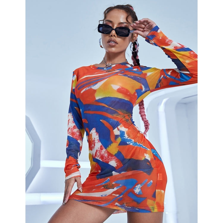 Contrasting Mesh Yarn Mid-length Long Sleeve Dress for Ladies