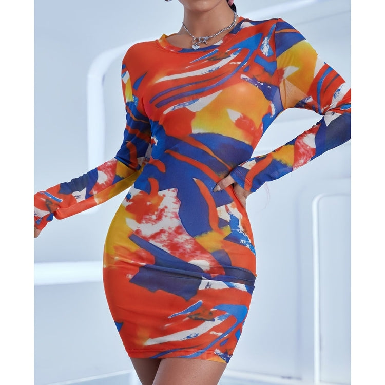 Contrasting Mesh Yarn Mid-length Long Sleeve Dress for Ladies