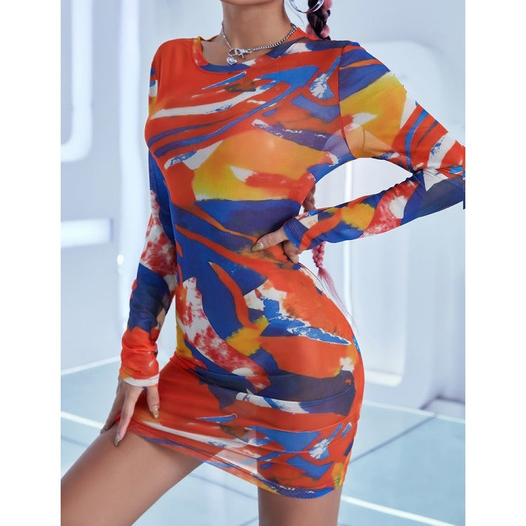 Contrasting Mesh Yarn Mid-length Long Sleeve Dress for Ladies