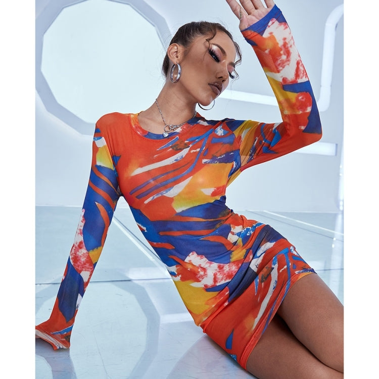 Contrasting Mesh Yarn Mid-length Long Sleeve Dress for Ladies
