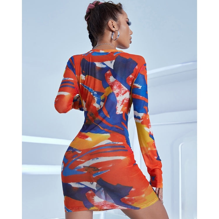 Contrasting Mesh Yarn Mid-length Long Sleeve Dress for Ladies