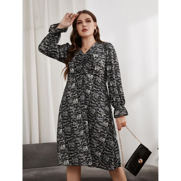 Women Large Size V-neck Long Sleeve Cover Belly Dress
