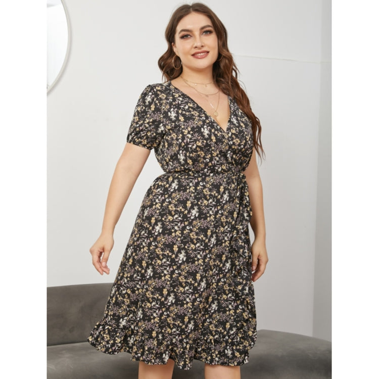 Women Large Size V-neck Short Sleeve Lacing Dress