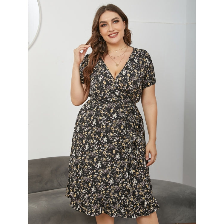 Women Large Size V-neck Short Sleeve Lacing Dress