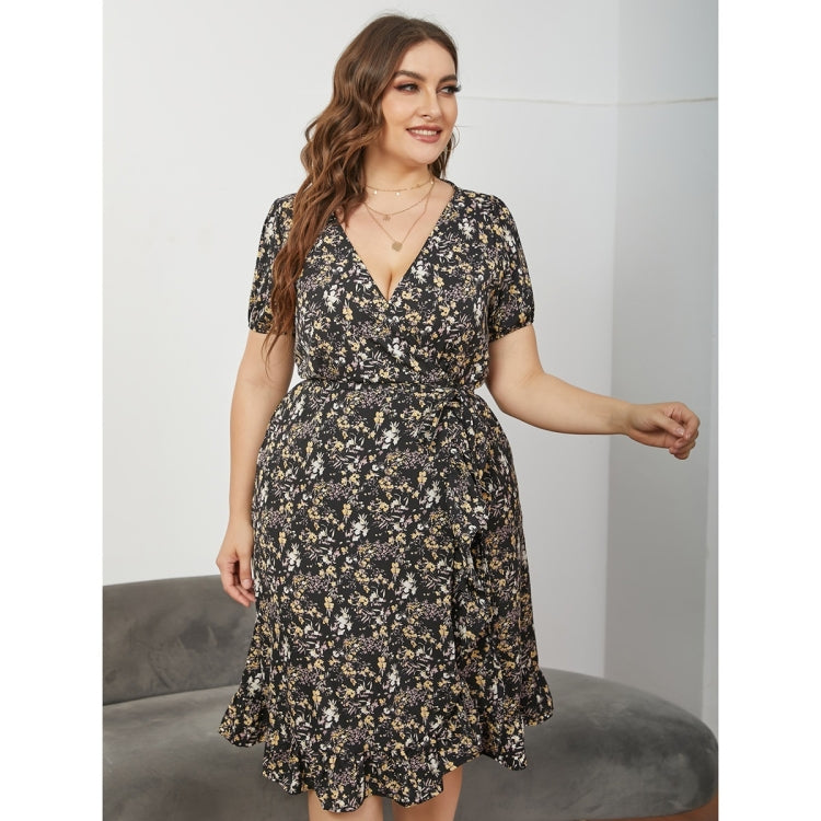 Women Large Size V-neck Short Sleeve Lacing Dress
