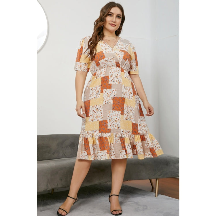 Women Large Size V-neck Versatile Short Sleeve Dress