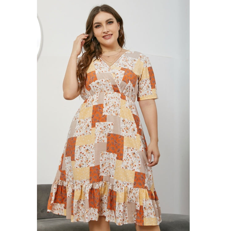 Women Large Size V-neck Versatile Short Sleeve Dress