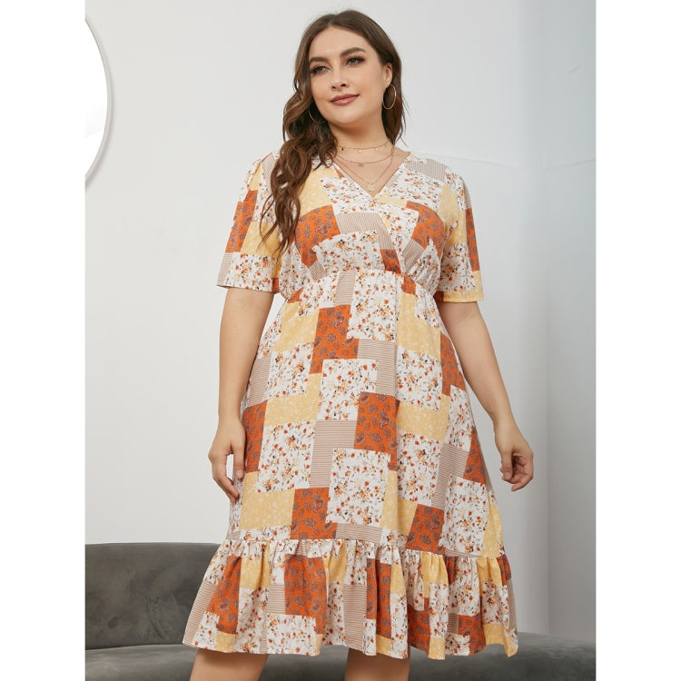 Women Large Size V-neck Versatile Short Sleeve Dress