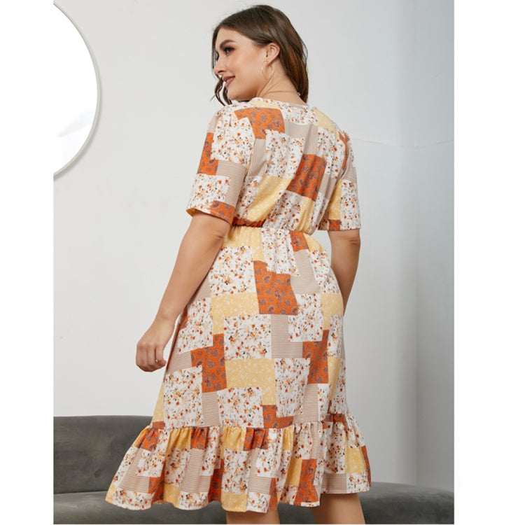 Women Large Size V-neck Versatile Short Sleeve Dress