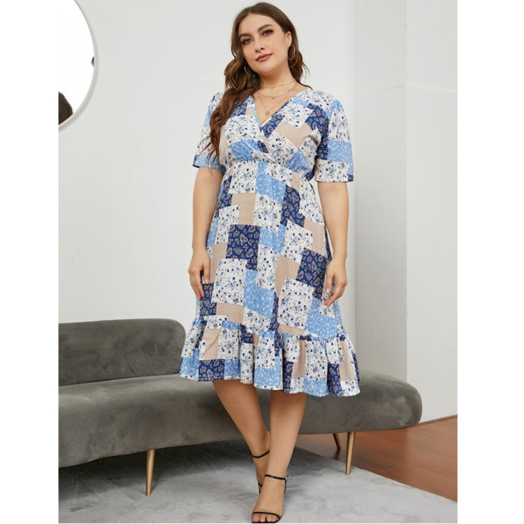 Women Large Size V-neck Versatile Short Sleeve Dress