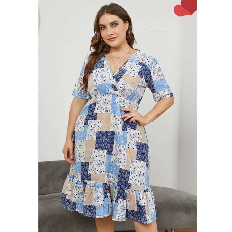 Women Large Size V-neck Versatile Short Sleeve Dress