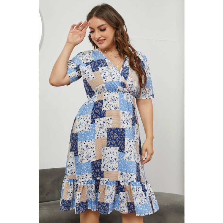 Women Large Size V-neck Versatile Short Sleeve Dress
