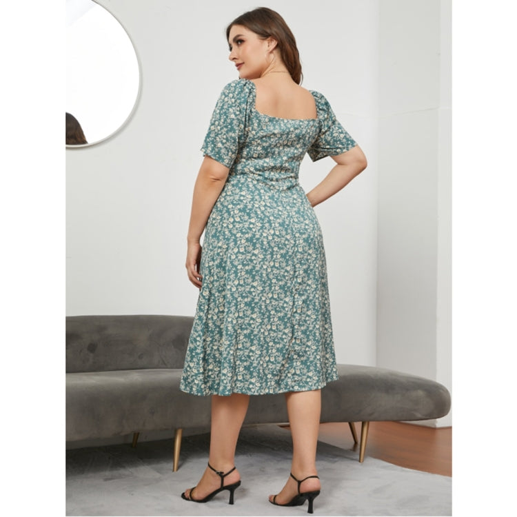 Women Large Size Square Neck Fitted Waist Split Dress