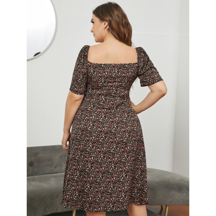 Women Large Size Square Neck Fitted Waist Split Dress