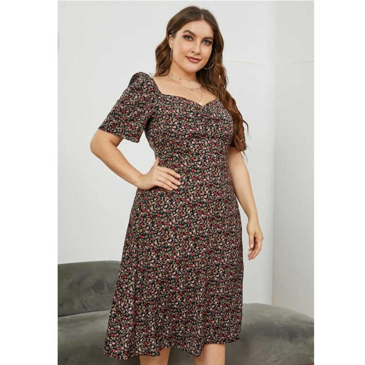 Women Large Size Square Neck Fitted Waist Split Dress