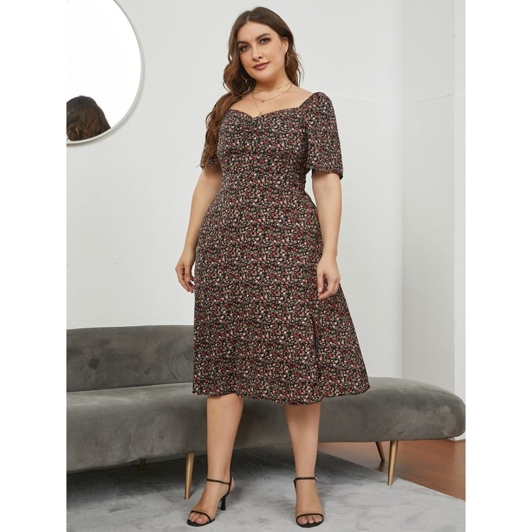 Women Large Size Square Neck Fitted Waist Split Dress