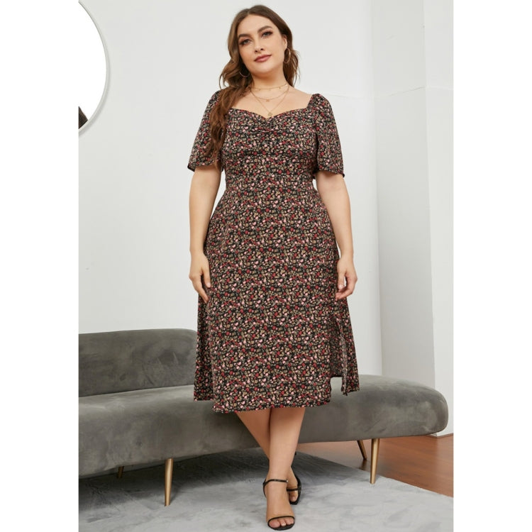 Women Large Size Square Neck Fitted Waist Split Dress