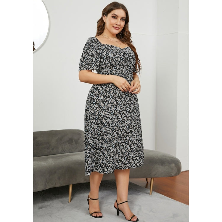 Women Large Size Square Neck Fitted Waist Split Dress