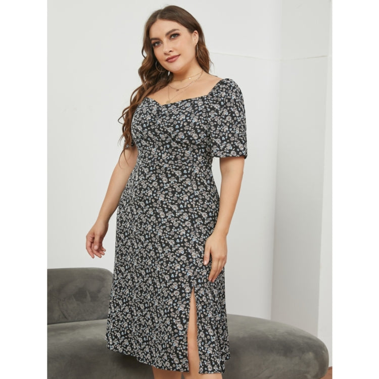Women Large Size Square Neck Fitted Waist Split Dress