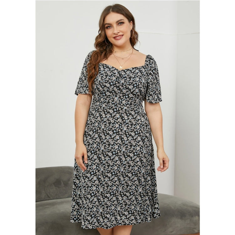 Women Large Size Square Neck Fitted Waist Split Dress