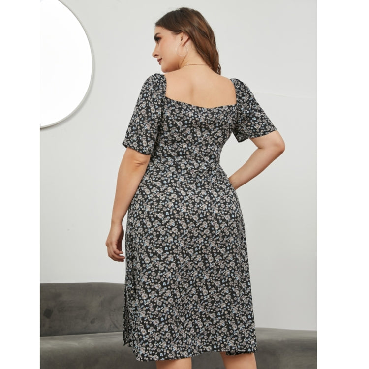 Women Large Size Square Neck Fitted Waist Split Dress