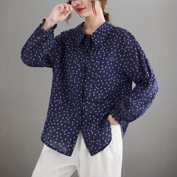 Cotton Linen Dot Doll Collar Shirt