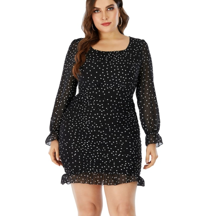 Women Large Size Polka Dot Chiffon Ruched Long Sleeve Dress