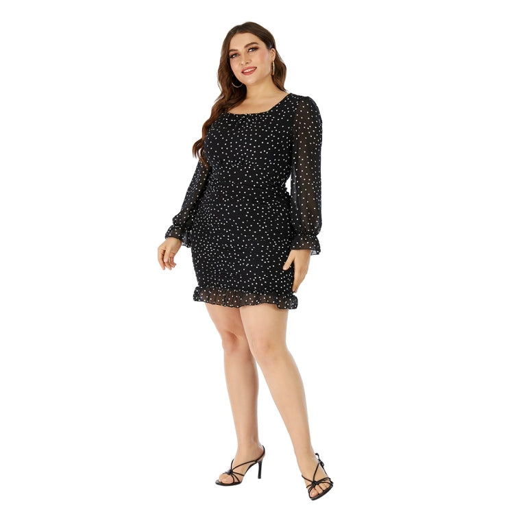 Women Large Size Polka Dot Chiffon Ruched Long Sleeve Dress