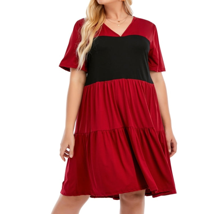 Plus Size Loose V-Neck Short Sleeve Patchwork A-Line Dress