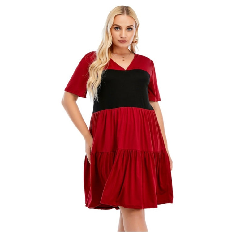 Plus Size Loose V-Neck Short Sleeve Patchwork A-Line Dress